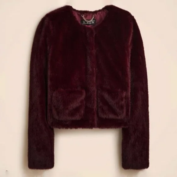 New J.Crew Faux Fur Lady Jacket Burgundy XL $228 - Picture 2 of 8